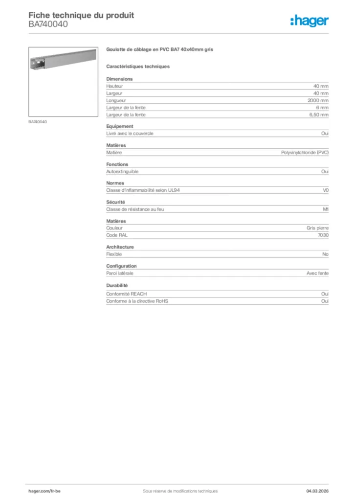 Image Hager Fiche technique du produit BA740040 | Hager Belgique