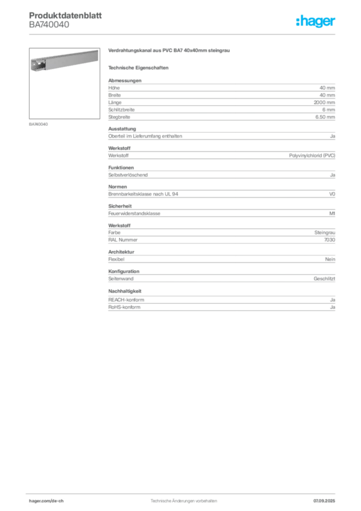 Bild Hager Produktdatenblatt BA740040 | Hager Schweiz