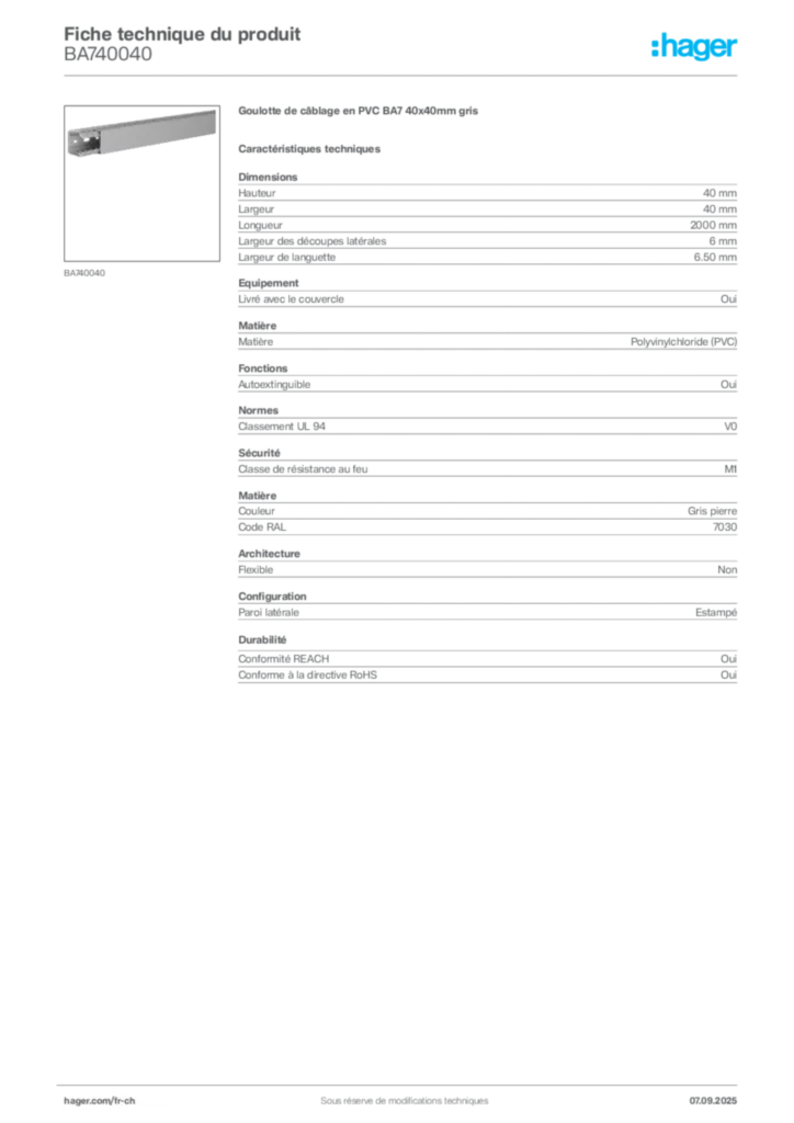 Image Hager Fiche technique du produit BA740040 | Hager Suisse
