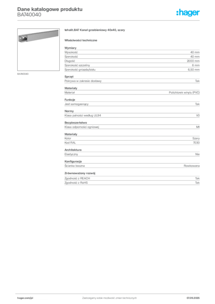 Zdjęcie Hager Dane katalogowe produktu BA740040 | Hager Polska