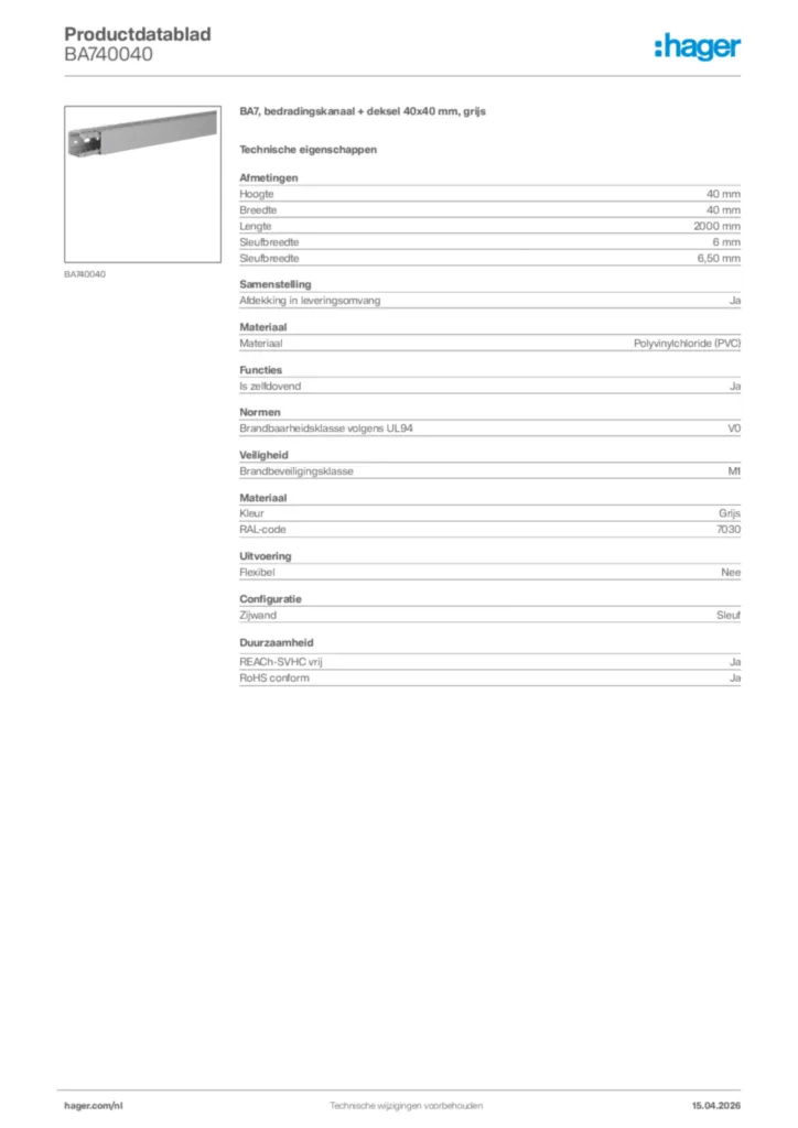 Afbeelding Hager Productdatablad BA740040 | Hager Nederland