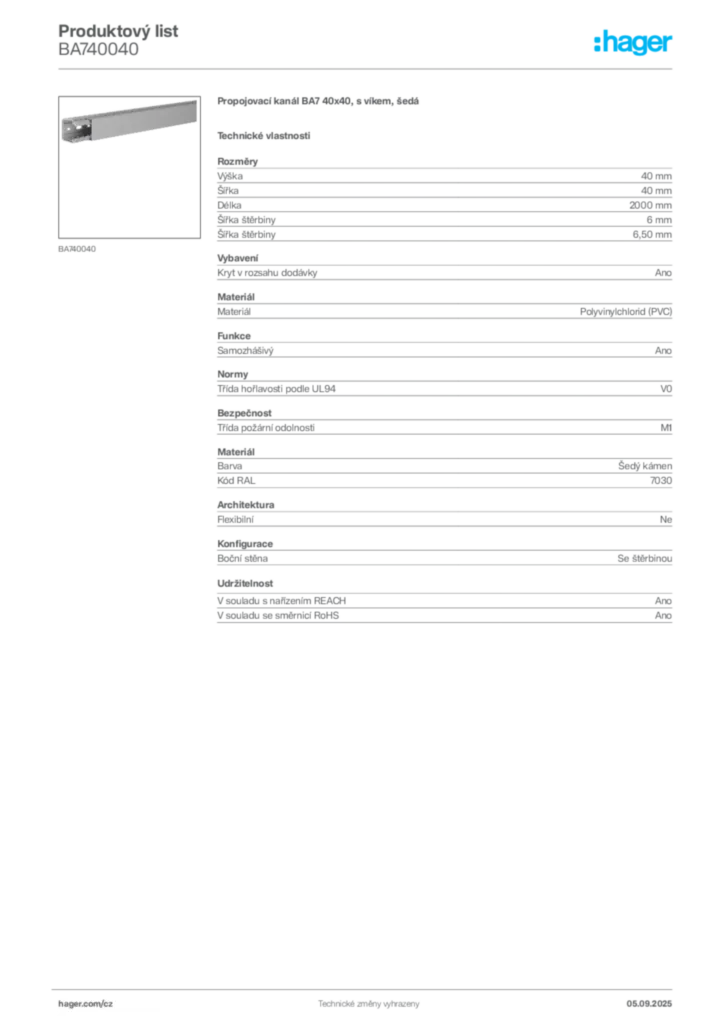 Obrázek Hager Produktový list BA740040 | Hager