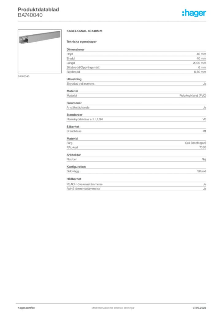 Bild Hager Produktdatablad BA740040 | Hager Sverige