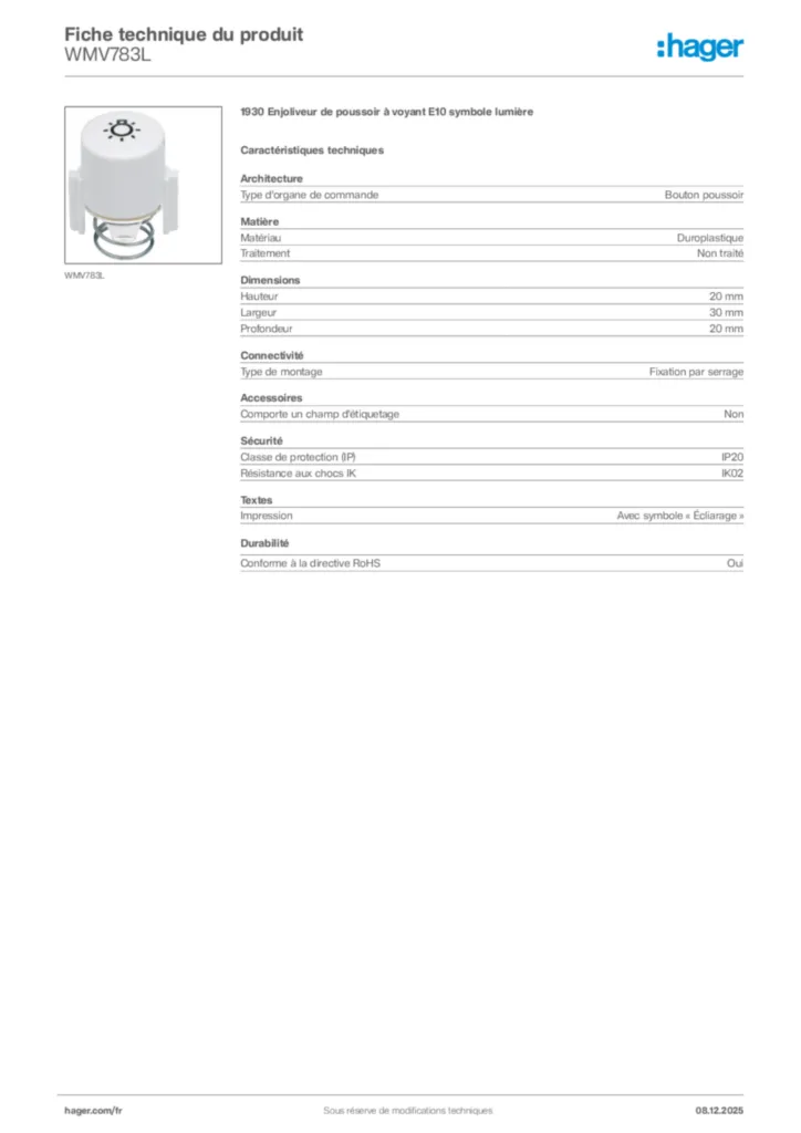 Image Hager Fiche technique du produit WMV783L | Hager France