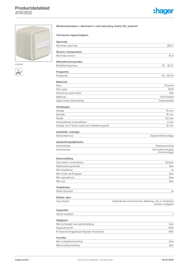 Afbeelding Hager Productdatablad 47413512 | Hager Nederland
