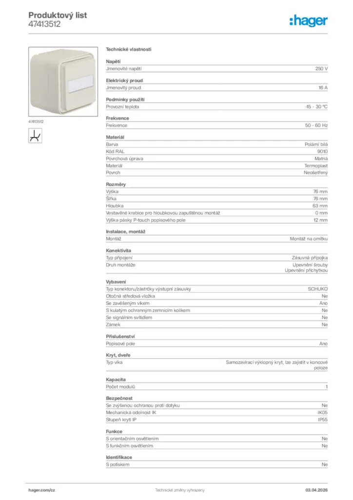 Obrázek Hager Product data sheet 47413512 | Hager