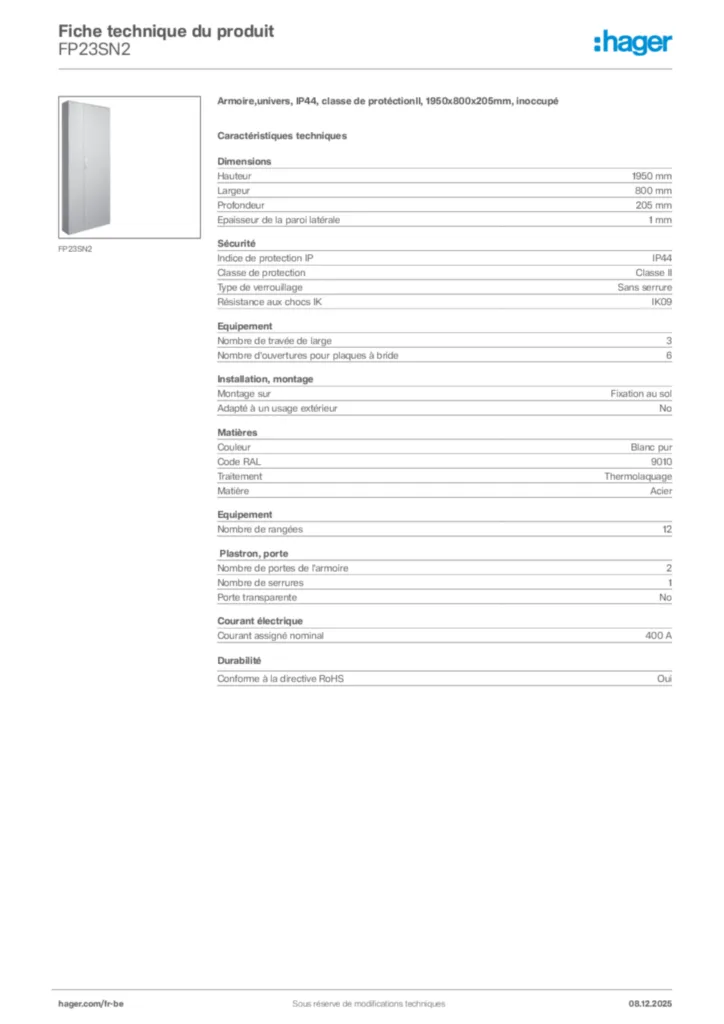 Image Hager Fiche technique du produit FP23SN2 | Hager Belgique