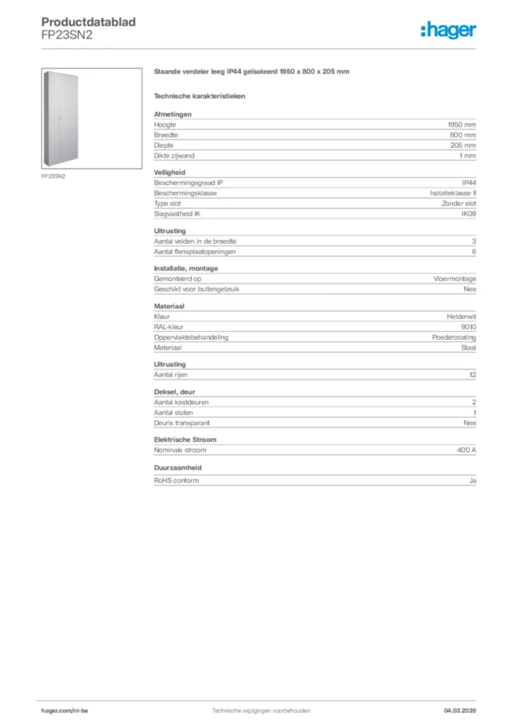 Afbeelding Hager Productdatablad FP23SN2 | Hager Belgium