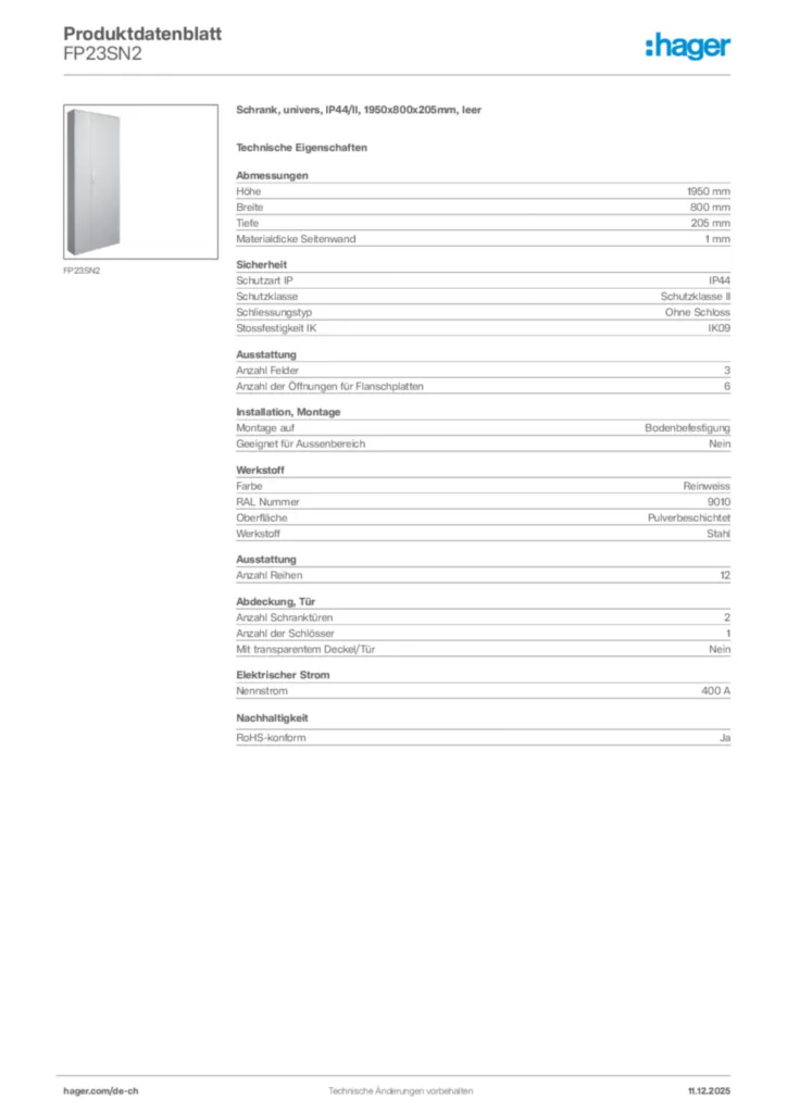 Bild Hager Produktdatenblatt FP23SN2 | Hager Schweiz