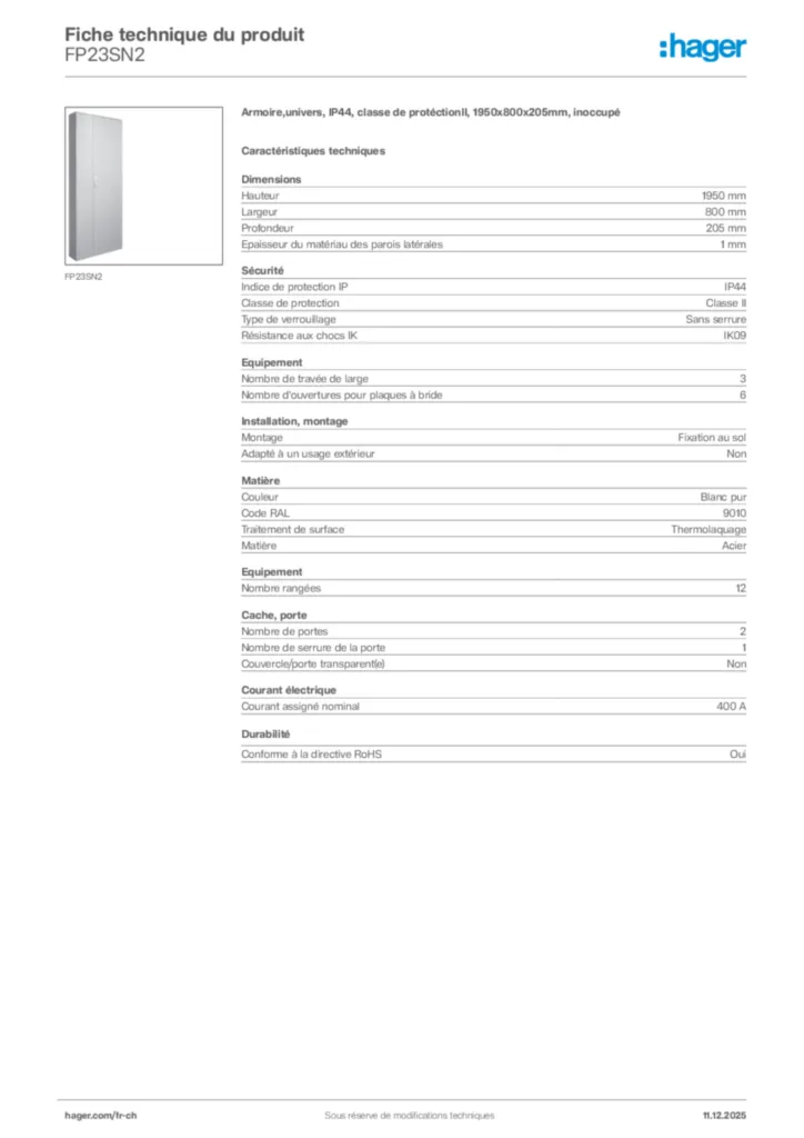 Image Hager Fiche technique du produit FP23SN2 | Hager Suisse