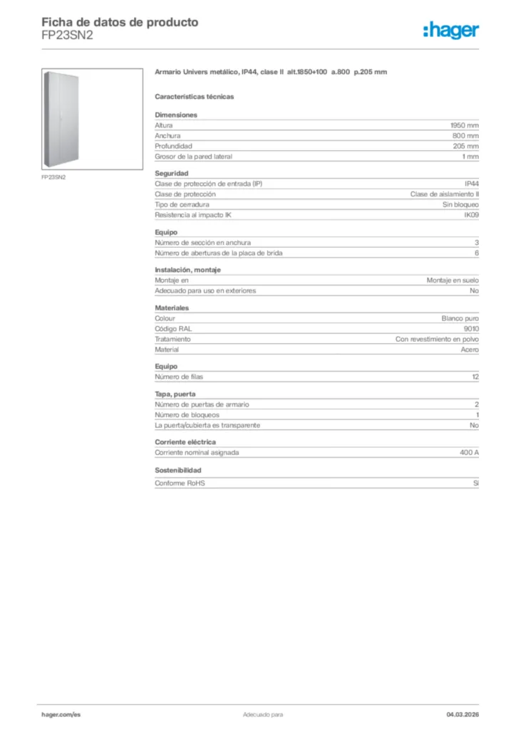Imagen Hager Ficha de datos de producto FP23SN2 | Hager España