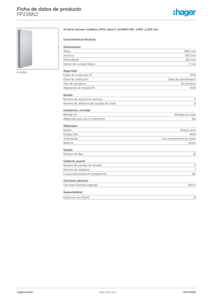 Imagen Hager Ficha de datos de producto FP23SN2 | Hager España