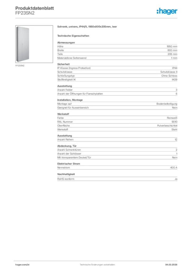 Bild Hager Produktdatenblatt FP23SN2 | Hager Deutschland