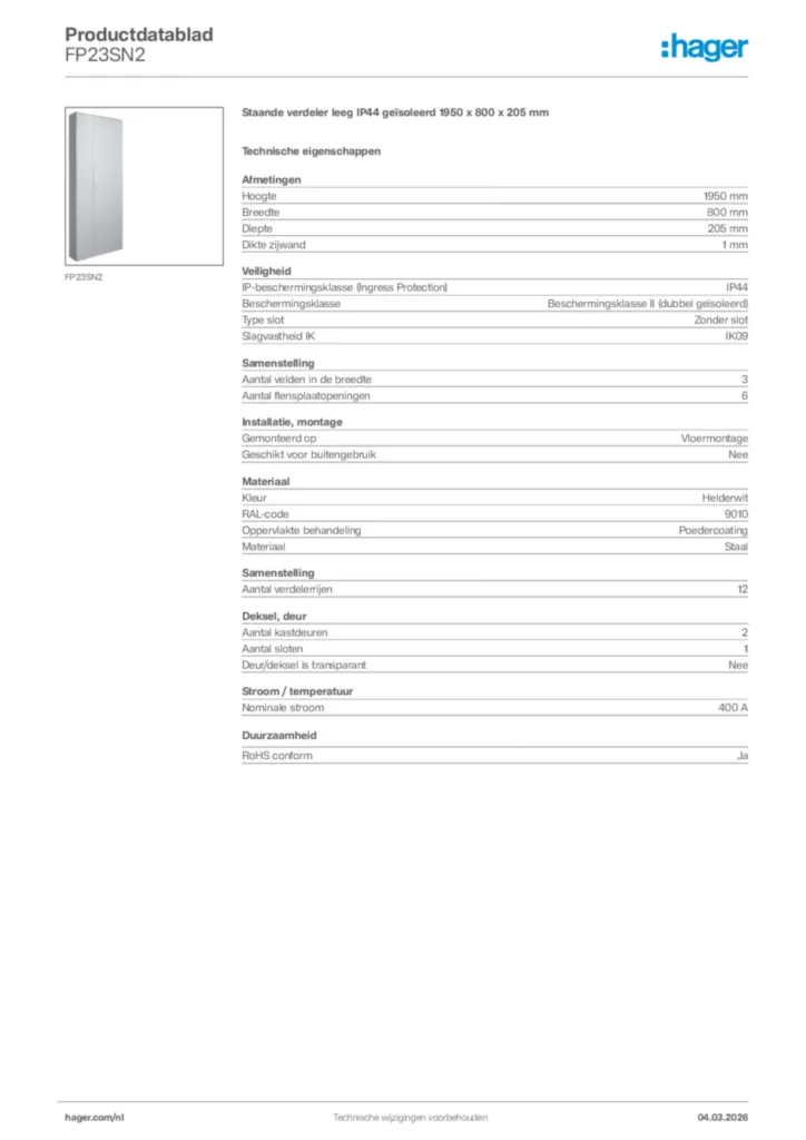 Afbeelding Hager Productdatablad FP23SN2 | Hager Nederland