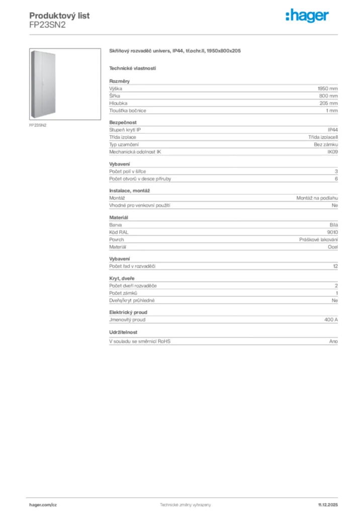 Obrázek Hager Produktový list FP23SN2 | Hager