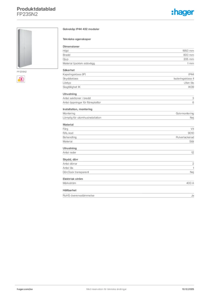 Bild Hager Produktdatablad FP23SN2 | Hager Sverige