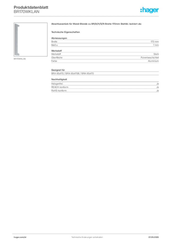 Bild Hager Produktdatenblatt BR170WKLAN | Hager Deutschland