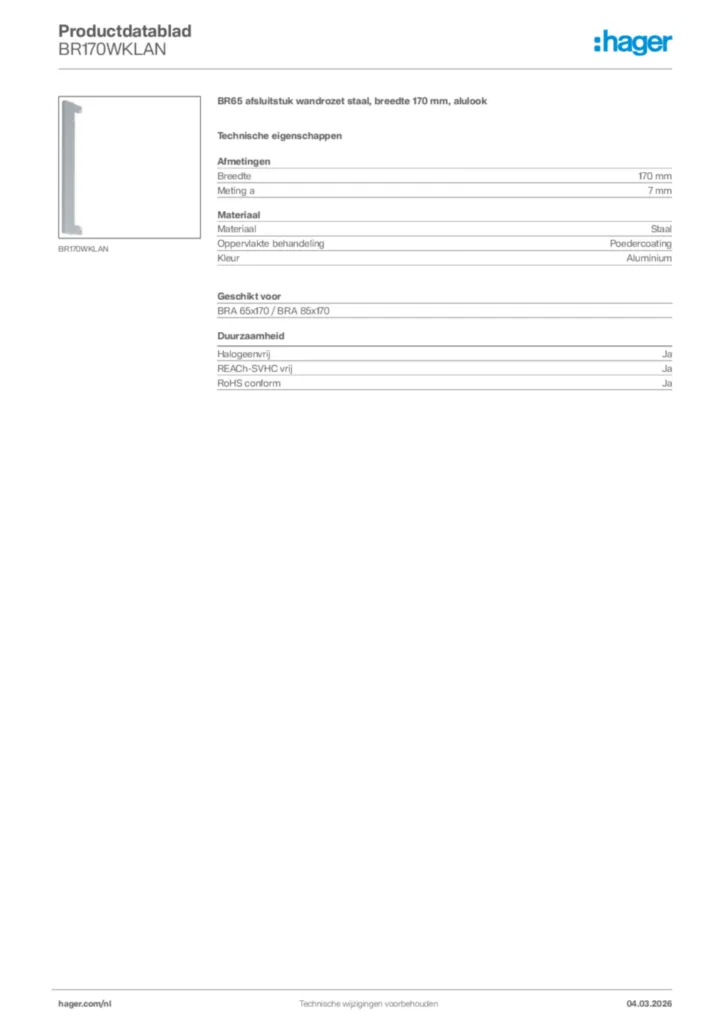 Afbeelding Hager Productdatablad BR170WKLAN | Hager Nederland