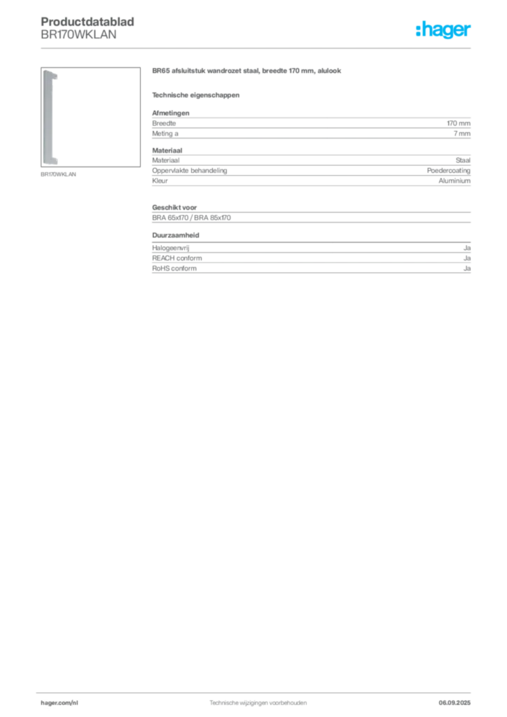 Afbeelding Hager Productdatablad BR170WKLAN | Hager Nederland