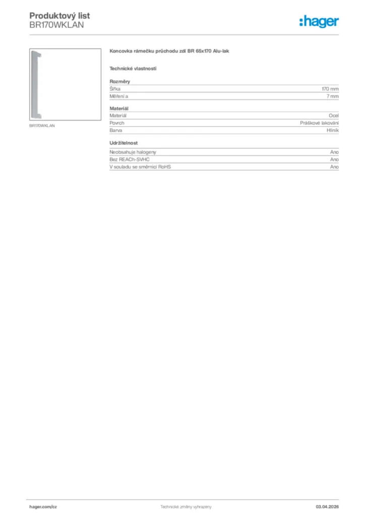 Obrázek Hager Product data sheet BR170WKLAN | Hager