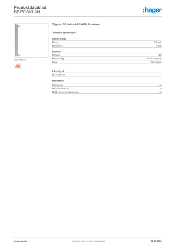 Bild Hager Produktdatablad BR170WKLAN | Hager Sverige