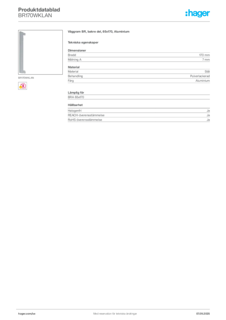 Bild Hager Produktdatablad BR170WKLAN | Hager Sverige