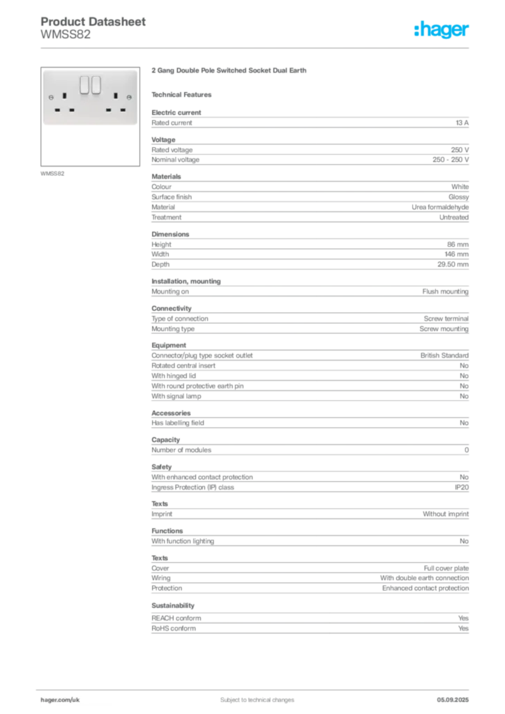 Image Hager Product data sheet WMSS82  | Hager
