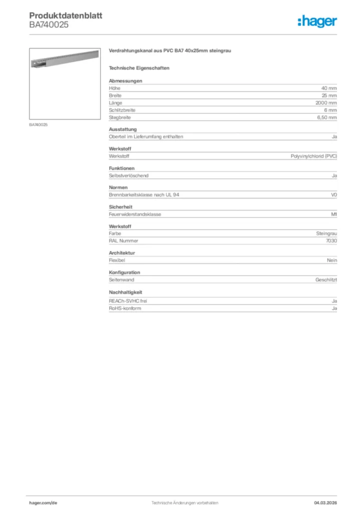 Bild Hager Produktdatenblatt BA740025 | Hager Deutschland