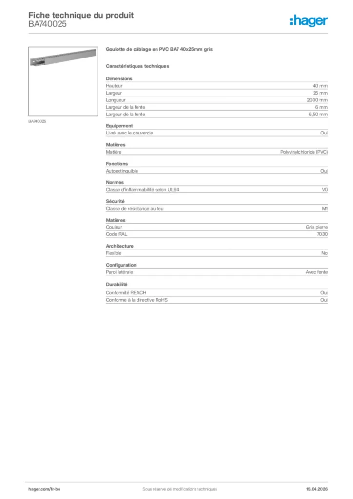 Image Hager Fiche technique du produit BA740025 | Hager Belgique