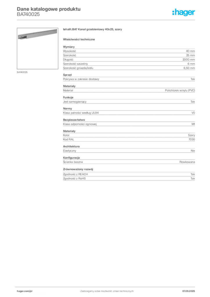 Zdjęcie Hager Dane katalogowe produktu BA740025 | Hager Polska