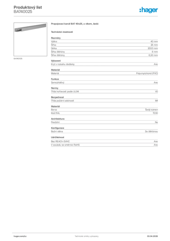 Obrázek Hager Product data sheet BA740025 | Hager