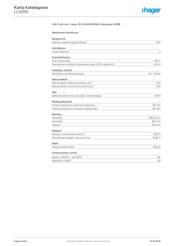 Zdjęcie Hager Karta katalogowa LLG865 | Hager Polska