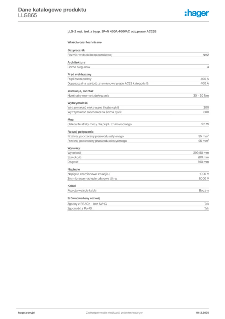 Zdjęcie Hager Dane katalogowe produktu LLG865 | Hager Polska