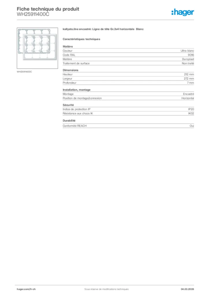 Image Hager Fiche technique du produit WH25911400C | Hager Suisse