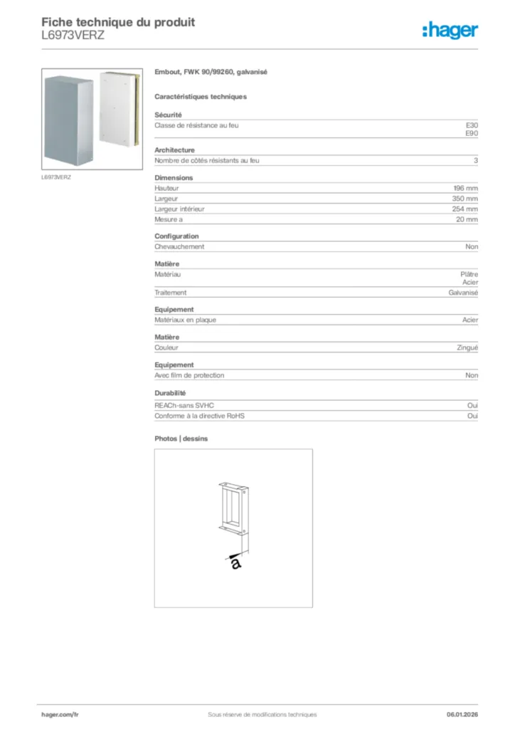 Image Hager Fiche technique du produit L6973VERZ | Hager France