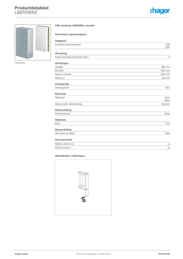 Afbeelding Hager Productdatablad L6973VERZ | Hager Nederland