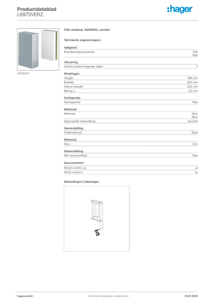 Afbeelding Hager Productdatablad L6973VERZ | Hager Nederland