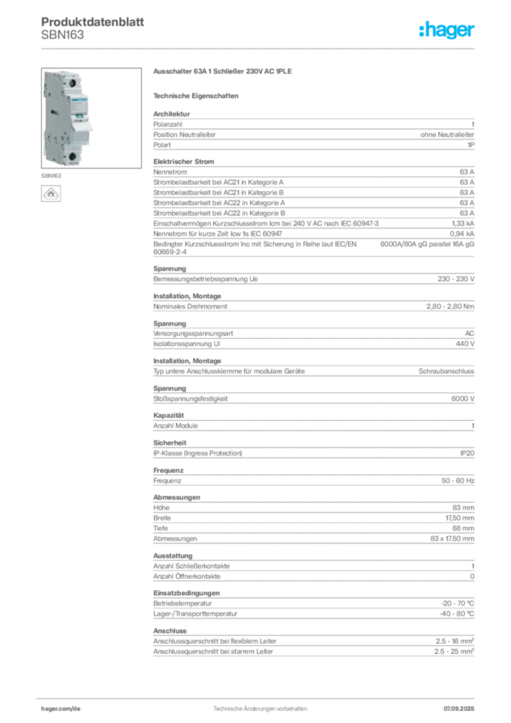 Bild Hager Produktdatenblatt SBN163 | Hager Deutschland