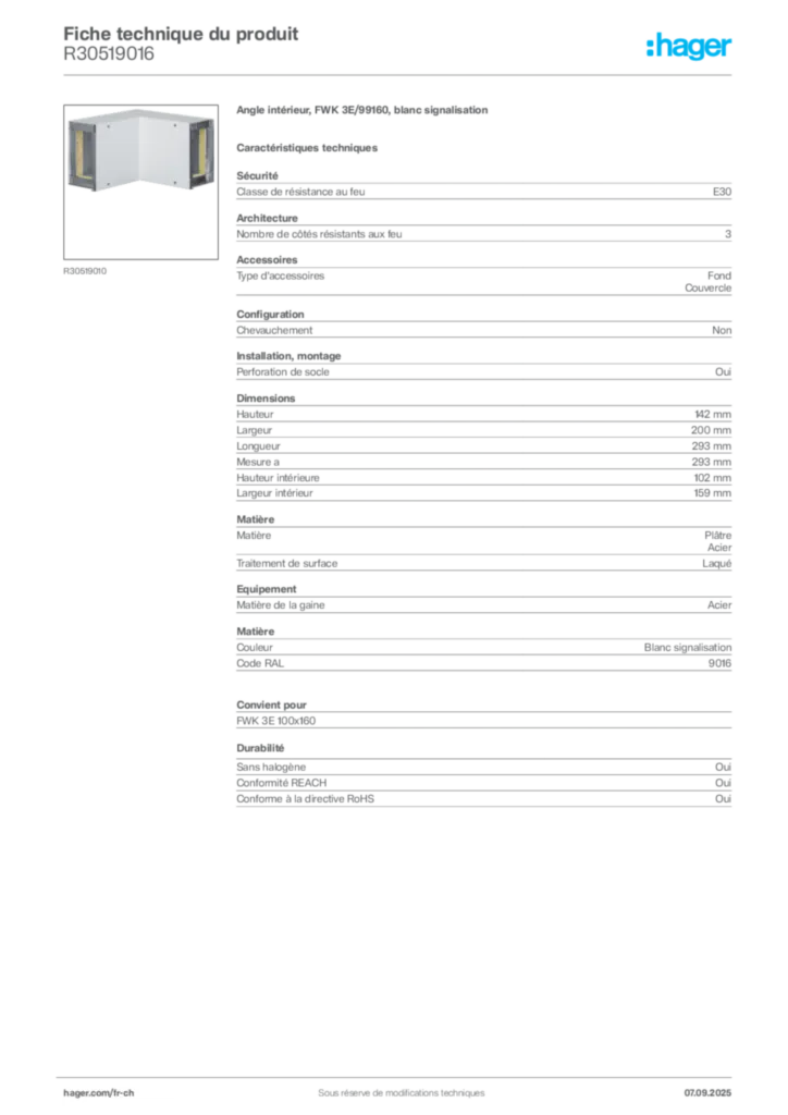 Image Hager Fiche technique du produit R30519016 | Hager Suisse