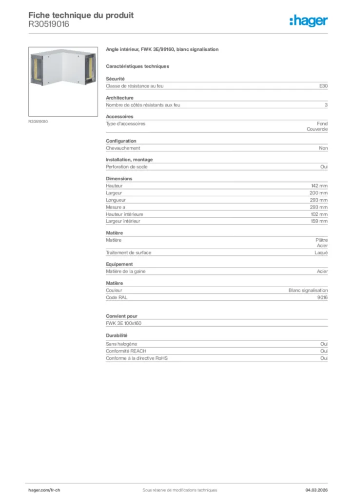 Image Hager Fiche technique du produit R30519016 | Hager Suisse
