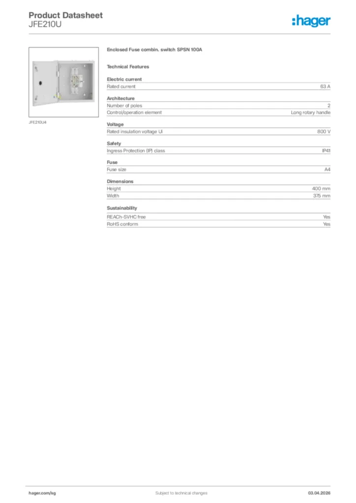 Image Hager Product data sheet JFE210U  | Hager