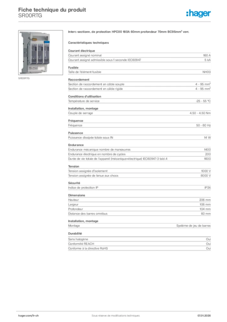 Image Hager Fiche technique du produit SR00RTG | Hager Suisse