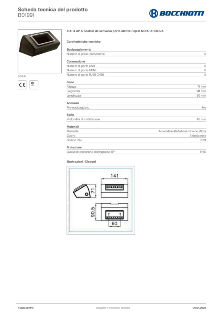 Immagine Bocchiotti Scheda tecnica del prodotto B01991 | Hager Italia