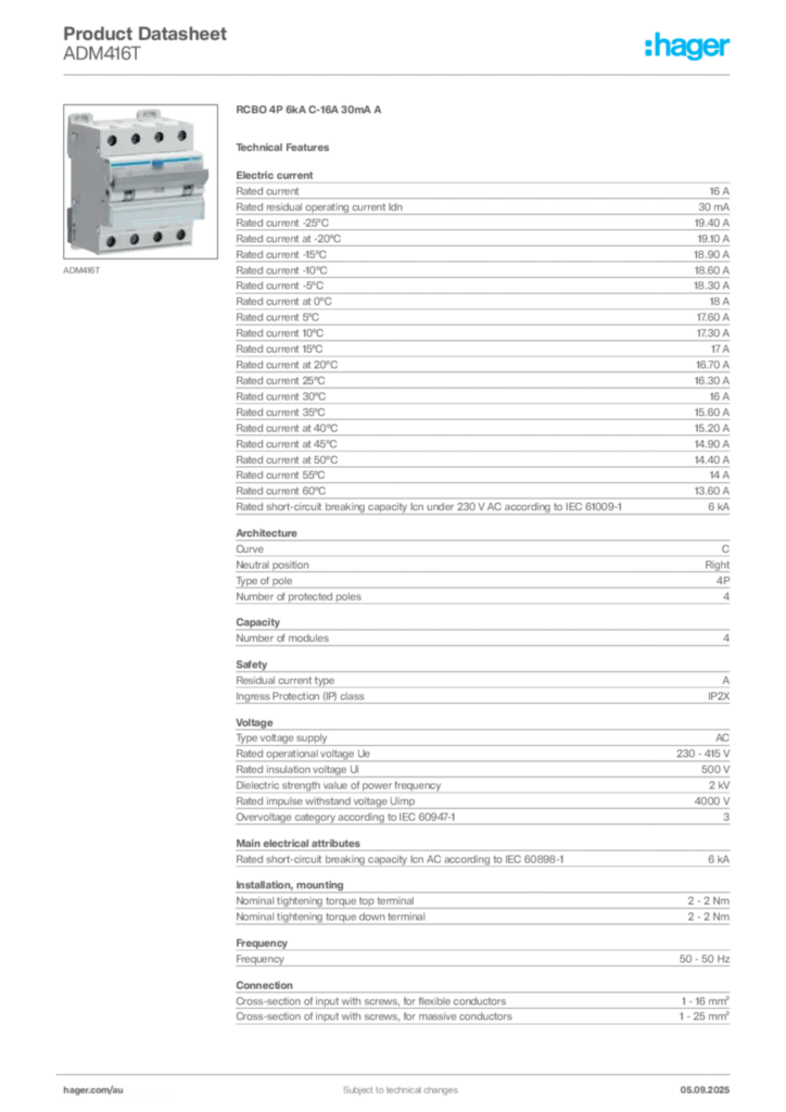 Image Hager Product data sheet ADM416T  | Hager Australia