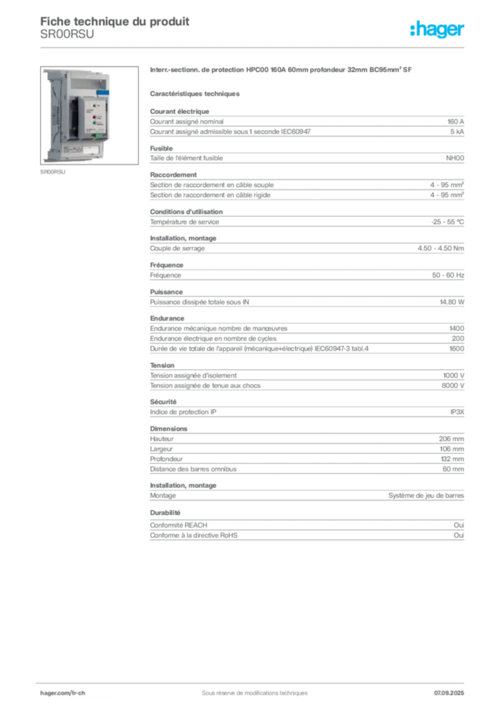 Image Hager Fiche technique du produit SR00RSU | Hager Suisse