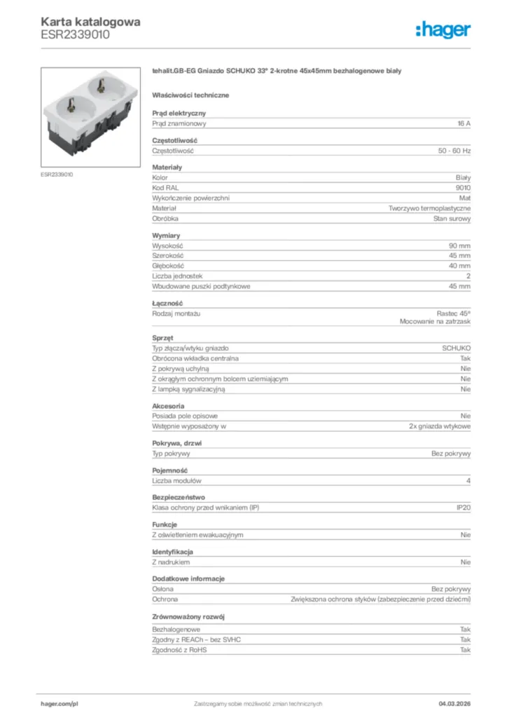 Zdjęcie Hager Karta katalogowa ESR2339010 | Hager Polska