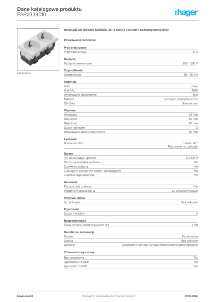 Zdjęcie Hager Dane katalogowe produktu ESR2339010 | Hager Polska
