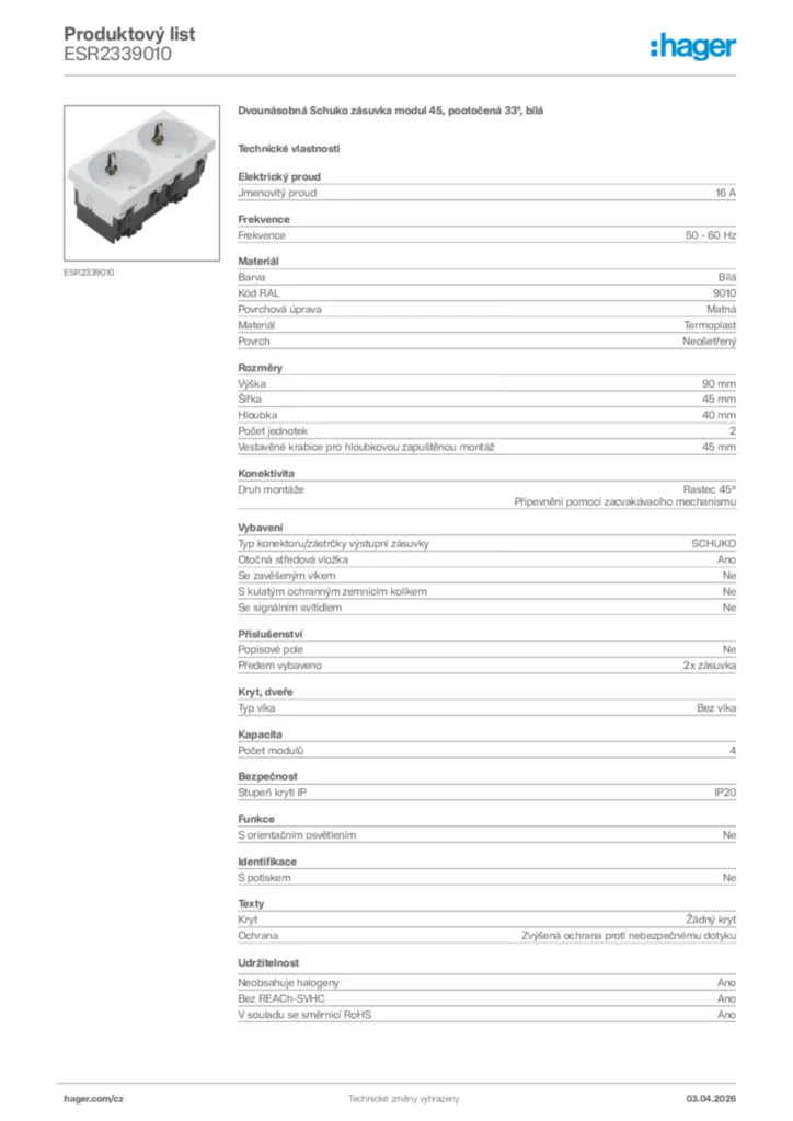 Obrázek Hager Product data sheet ESR2339010 | Hager