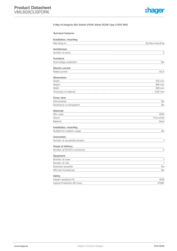 Image Hager Product data sheet VML608CUSPDRK  | Hager