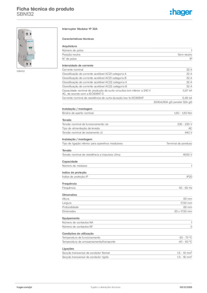 Imagem Hager Ficha técnica do produto SBN132 | Hager Portugal
